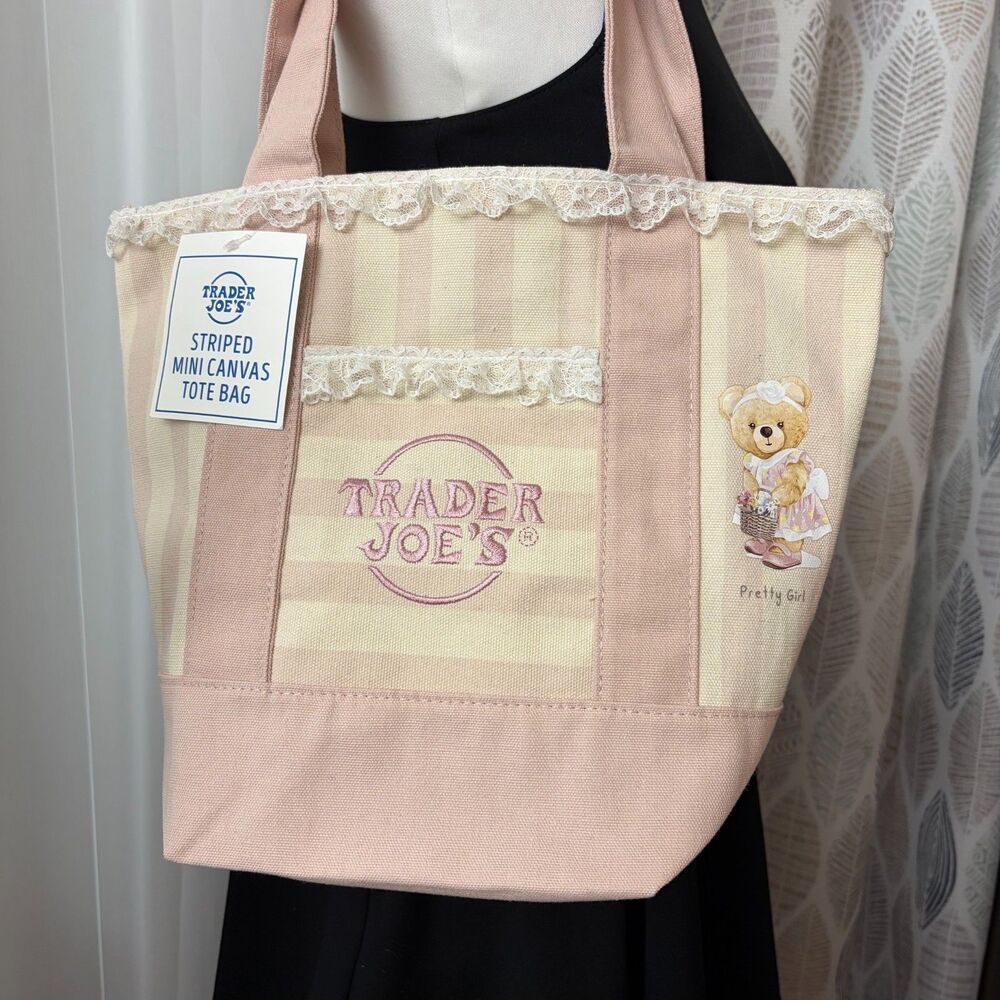 OOAK Custom Trader Joe's Striped Canvas Mini Tote Bag Pink Cottage Girlhoodcore